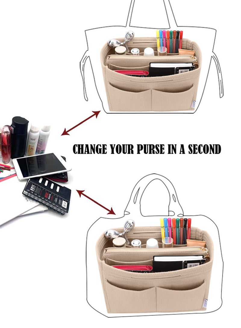 LEXSION Felt Purse Bag Organizer Insert with zipper Bag Tote Shaper Fit Speedy Neverful PM MM 8021 Beige XL - Image 5